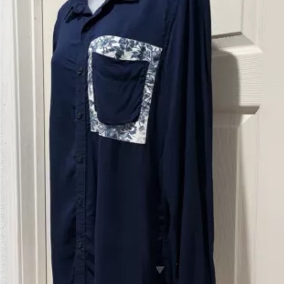 Guess Shirt Men's Small Slim Fit Button Shirt Navy Blue Floral Pocket Long Slv - Picture 2 of 5